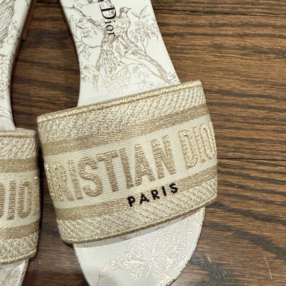 Dior Dway Gold and Beige Embroidered Slide Sandals - Picture 3 of 7